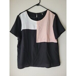 Nine West Womens Colorblock Blouse XL Round Neck Short Sleeve Black Pink White